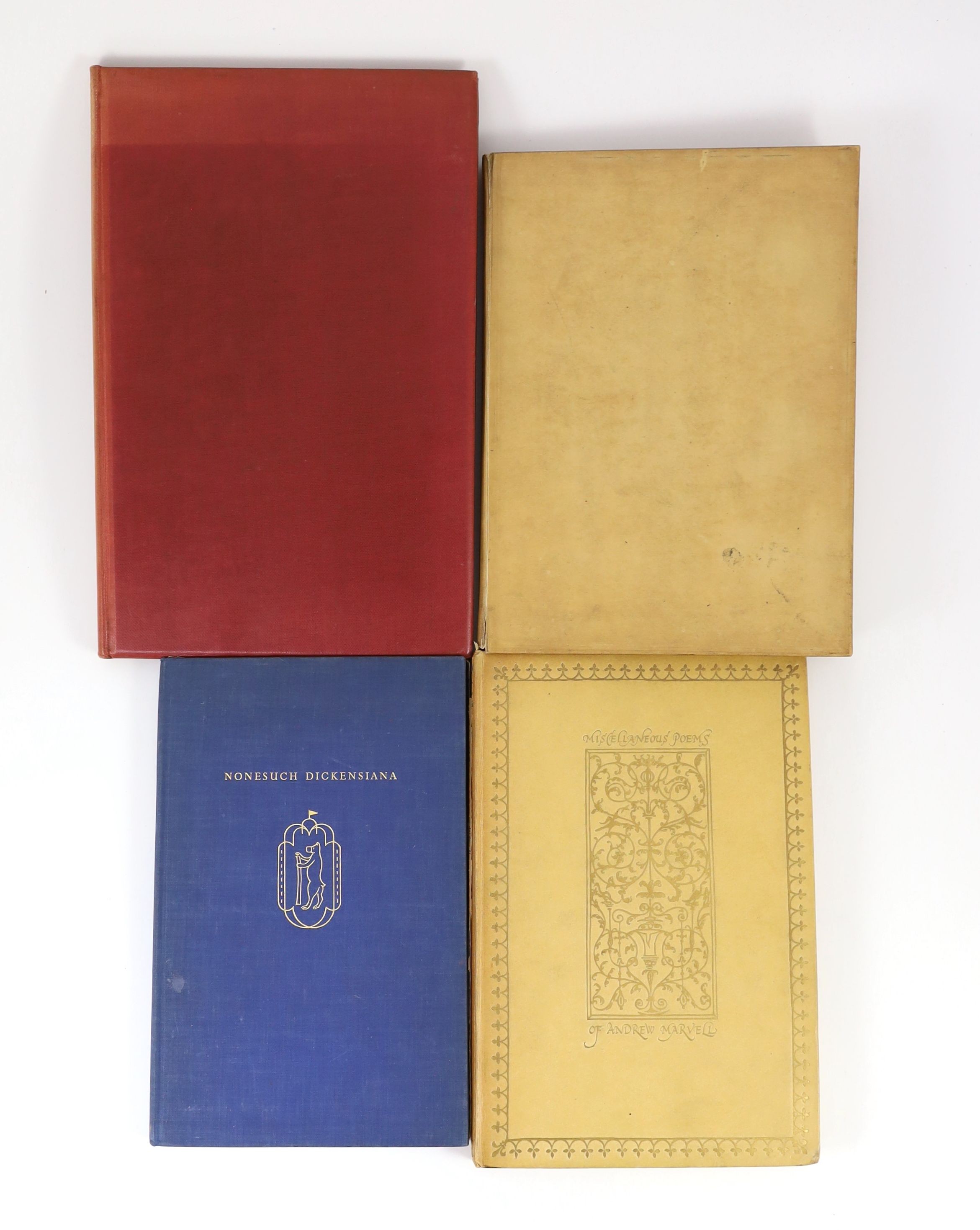 Nonesuch Press - 4 works - Warlock, Peter (editor) - Songs of the Gardens, 4to, cream paper covered boards (warped), title vignette by Stephen Gooden, 1925; The Nonesuch Dickens: Retrospectus and Prospectus, 1937; Marvel